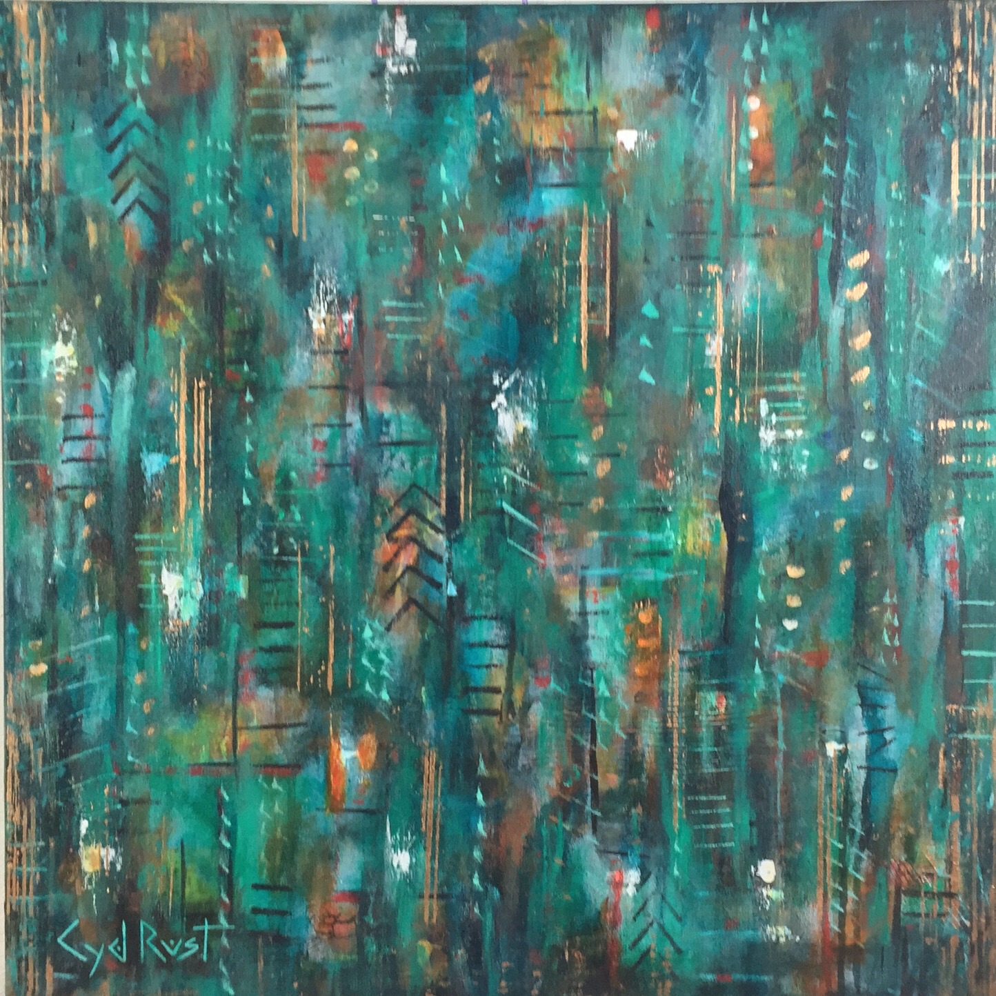 Imprints”| 24” x 24” | Acrylic & Copper Metallic Acrylic on Canvas by Cyd Rust